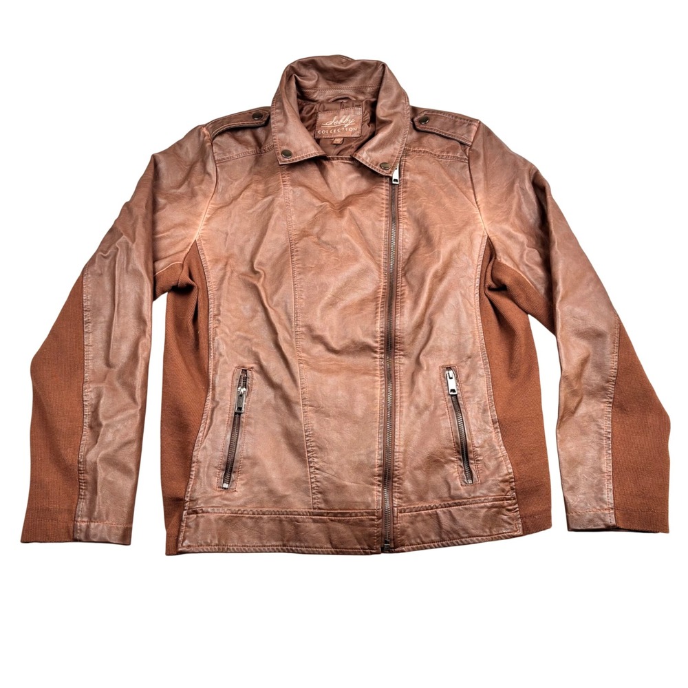 Sebby Collection Brown Faux Leather Moto Jacket XL Ribbed Knit Panels Zip Front